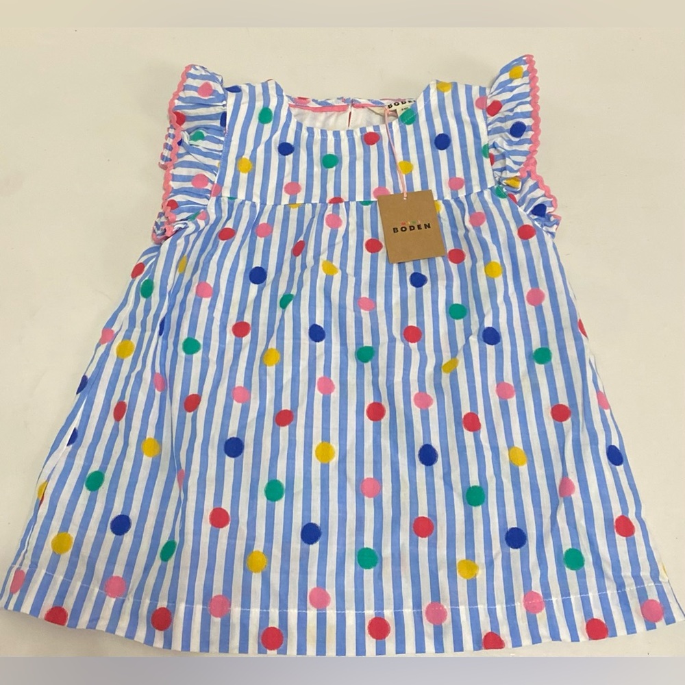 Mini Boden Blue Striped Blouse with Colorful Dots